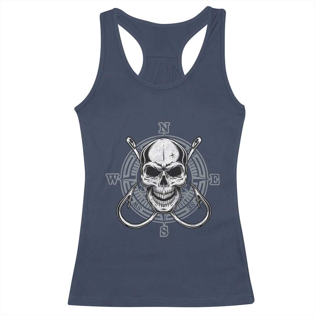Funny Fishing Lover Racerback Tank Top Pirate Skull Fishing Hook Compass - Wonder Print Shop