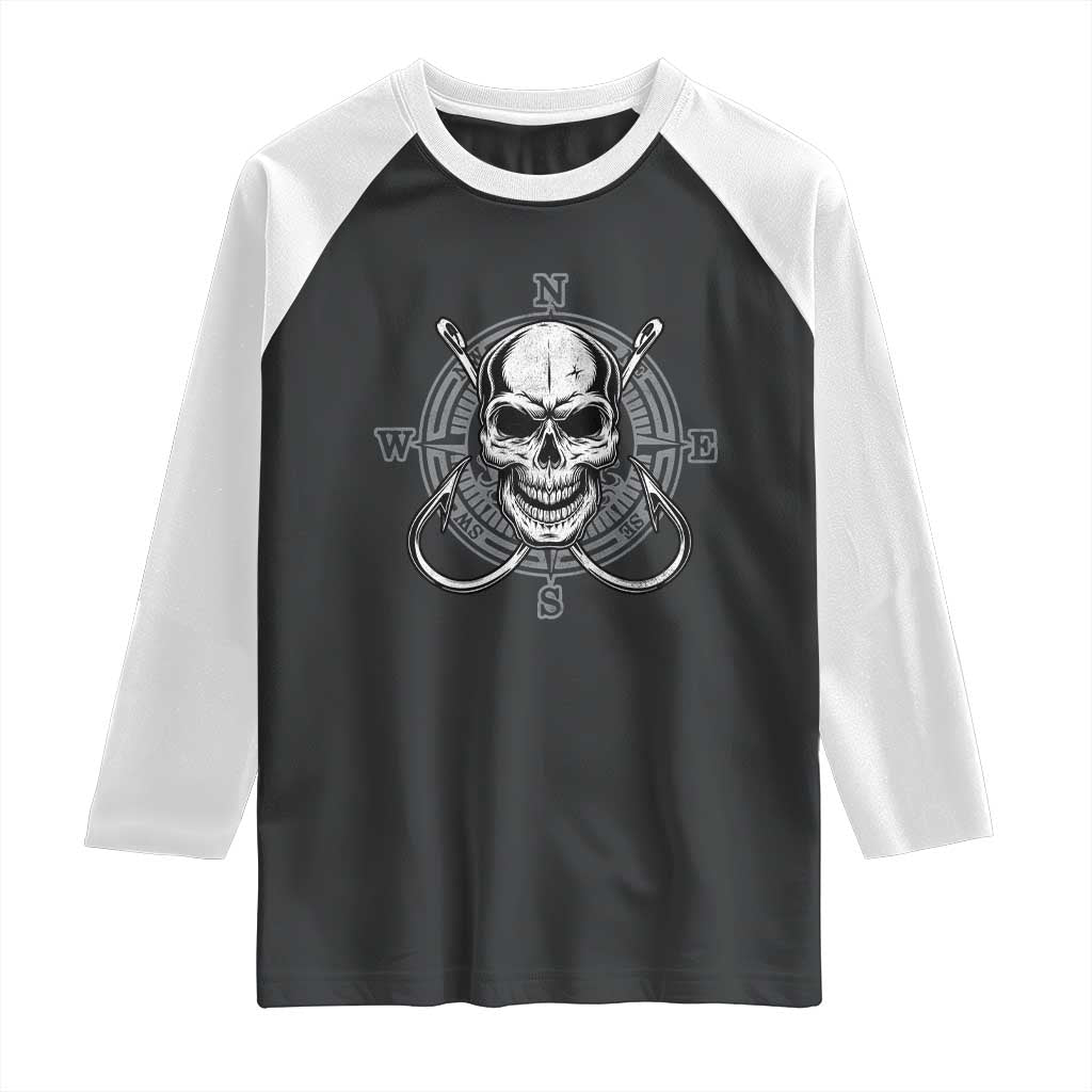 Funny Fishing Lover Raglan Shirt Pirate Skull Fishing Hook Compass - Wonder Print Shop