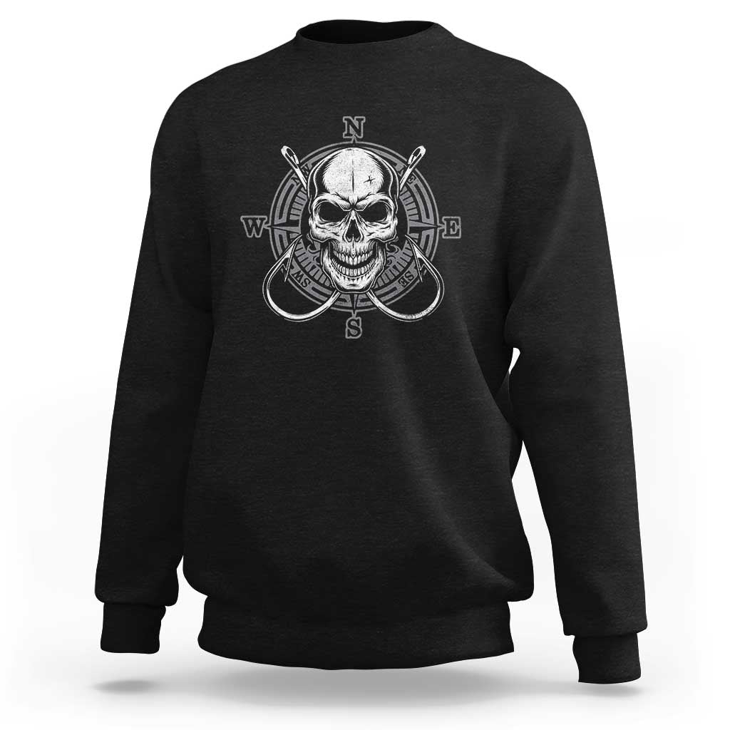 Funny Fishing Lover Sweatshirt Pirate Skull Fishing Hook Compass - Wonder Print Shop