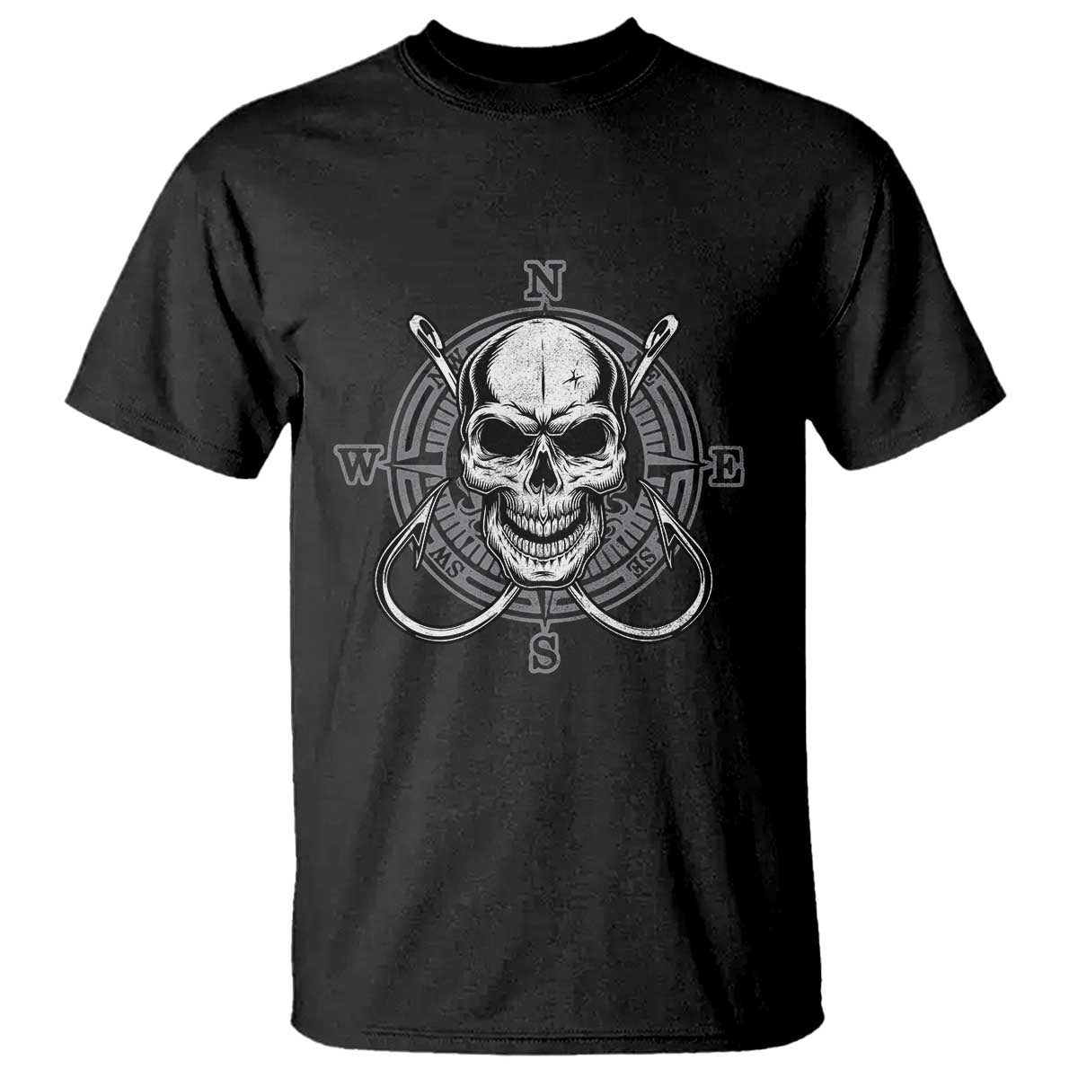 Funny Fishing Lover T Shirt Pirate Skull Fishing Hook Compass - Wonder Print Shop
