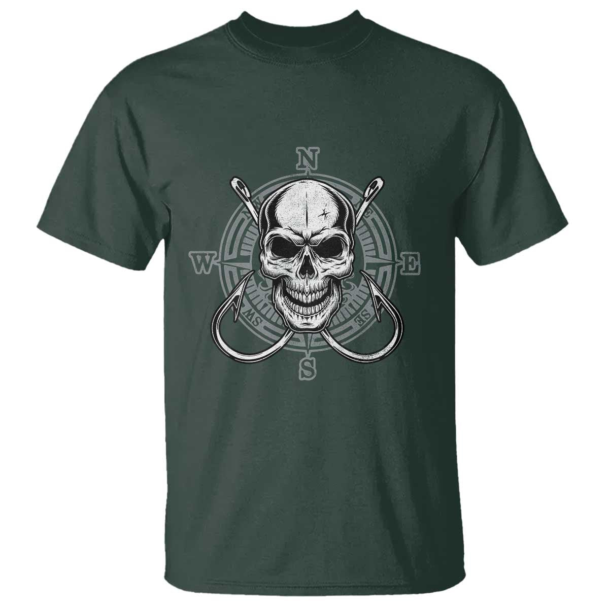 Funny Fishing Lover T Shirt Pirate Skull Fishing Hook Compass - Wonder Print Shop