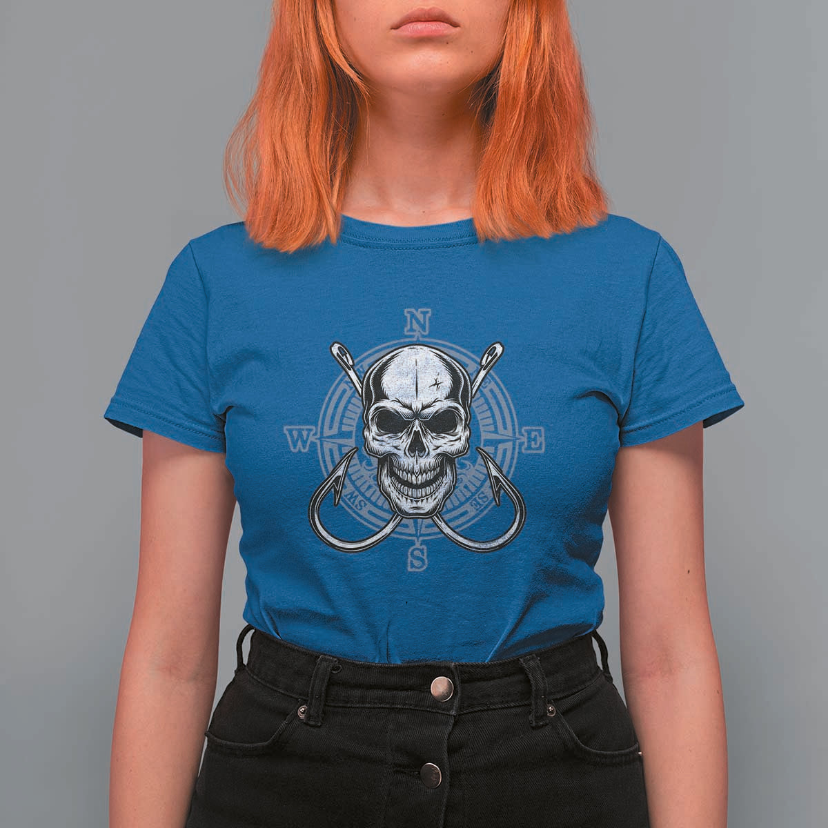 Funny Fishing Lover T Shirt For Women Pirate Skull Fishing Hook Compass - Wonder Print Shop