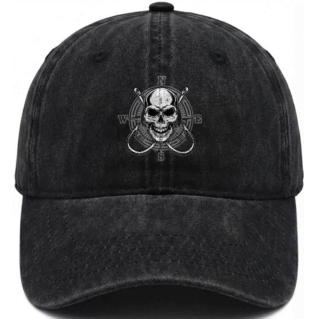 Funny Fishing Lover Washed Cotton Baseball Cap Pirate Skull Fishing Hook Compass