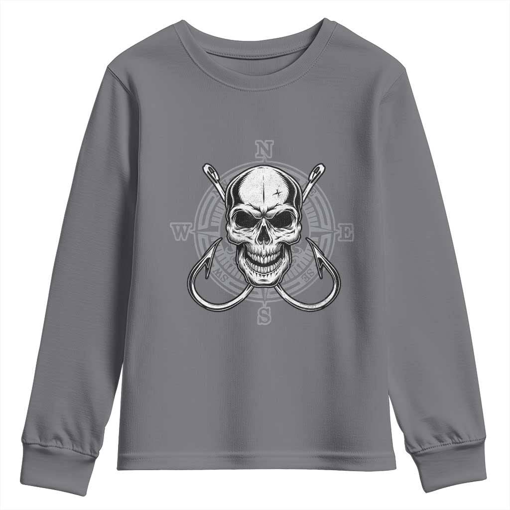 Funny Fishing Lover Youth Sweatshirt Pirate Skull Fishing Hook Compass - Wonder Print Shop