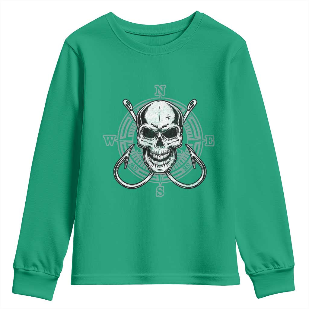Funny Fishing Lover Youth Sweatshirt Pirate Skull Fishing Hook Compass - Wonder Print Shop