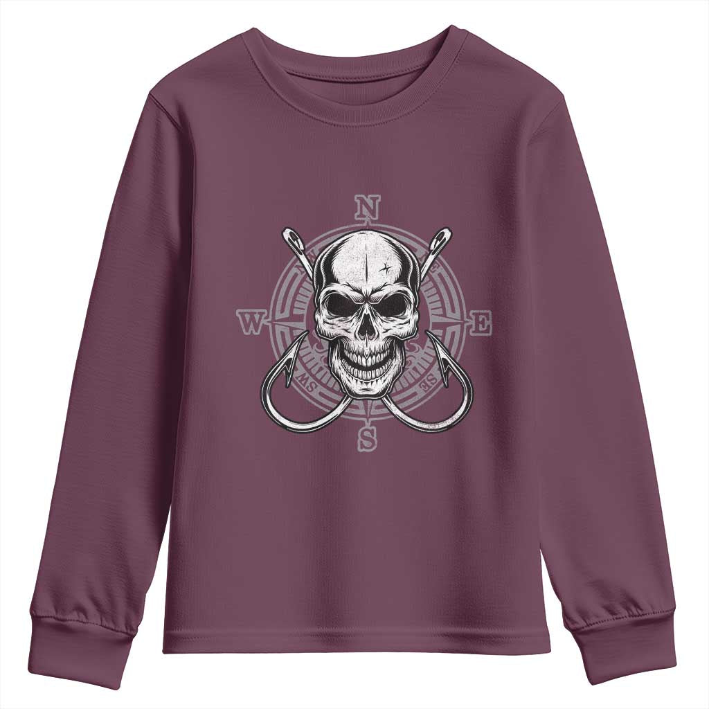 Funny Fishing Lover Youth Sweatshirt Pirate Skull Fishing Hook Compass - Wonder Print Shop