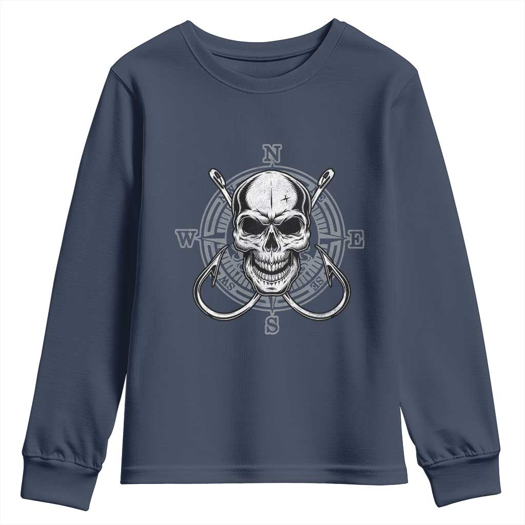 Funny Fishing Lover Youth Sweatshirt Pirate Skull Fishing Hook Compass - Wonder Print Shop