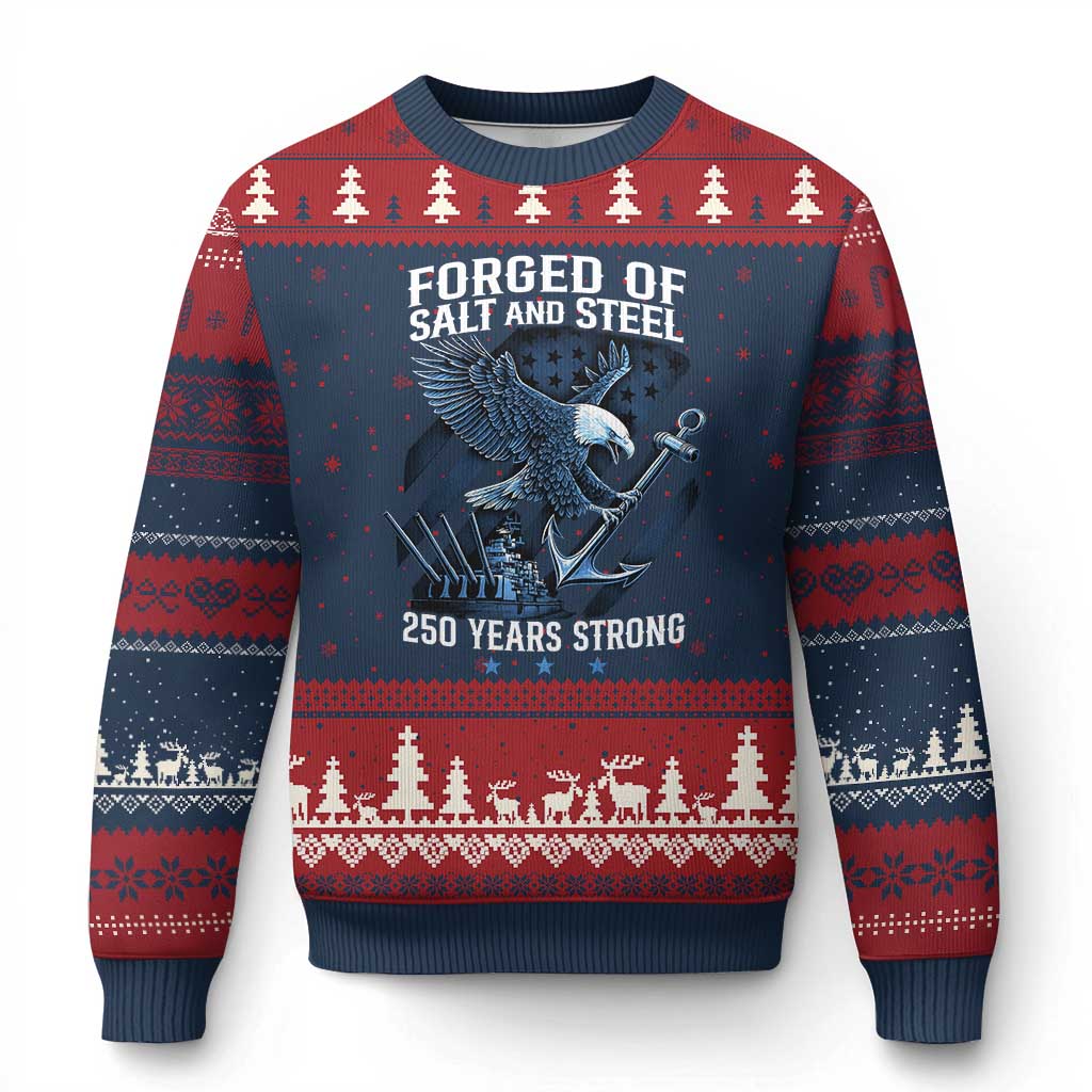 Navy Military 250th Anniversary Ugly Christmas Sweater Forged Of Salt And Steel 250 Years Strong - Wonder Print Shop
