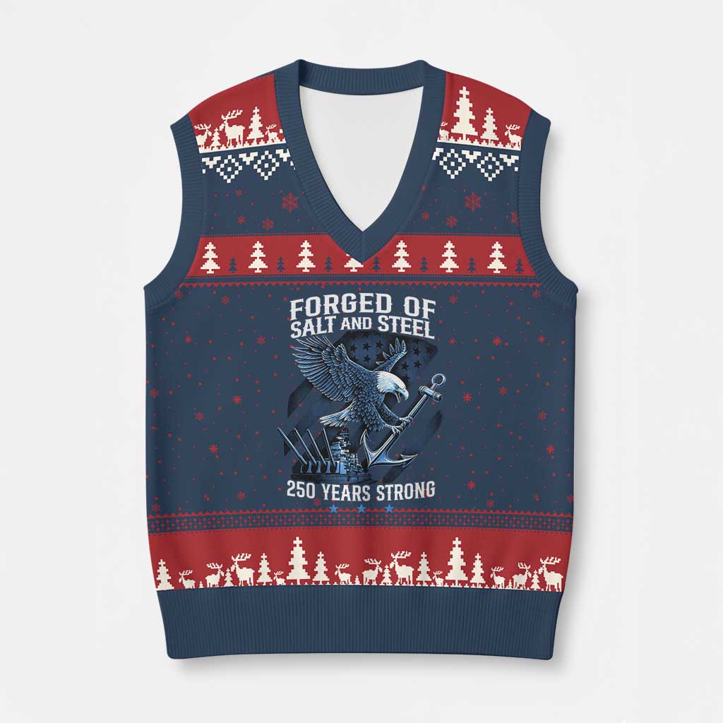 Navy Military 250th Anniversary V-Neck Knit Sweater Vest Forged Of Salt And Steel 250 Years Strong - Wonder Print Shop