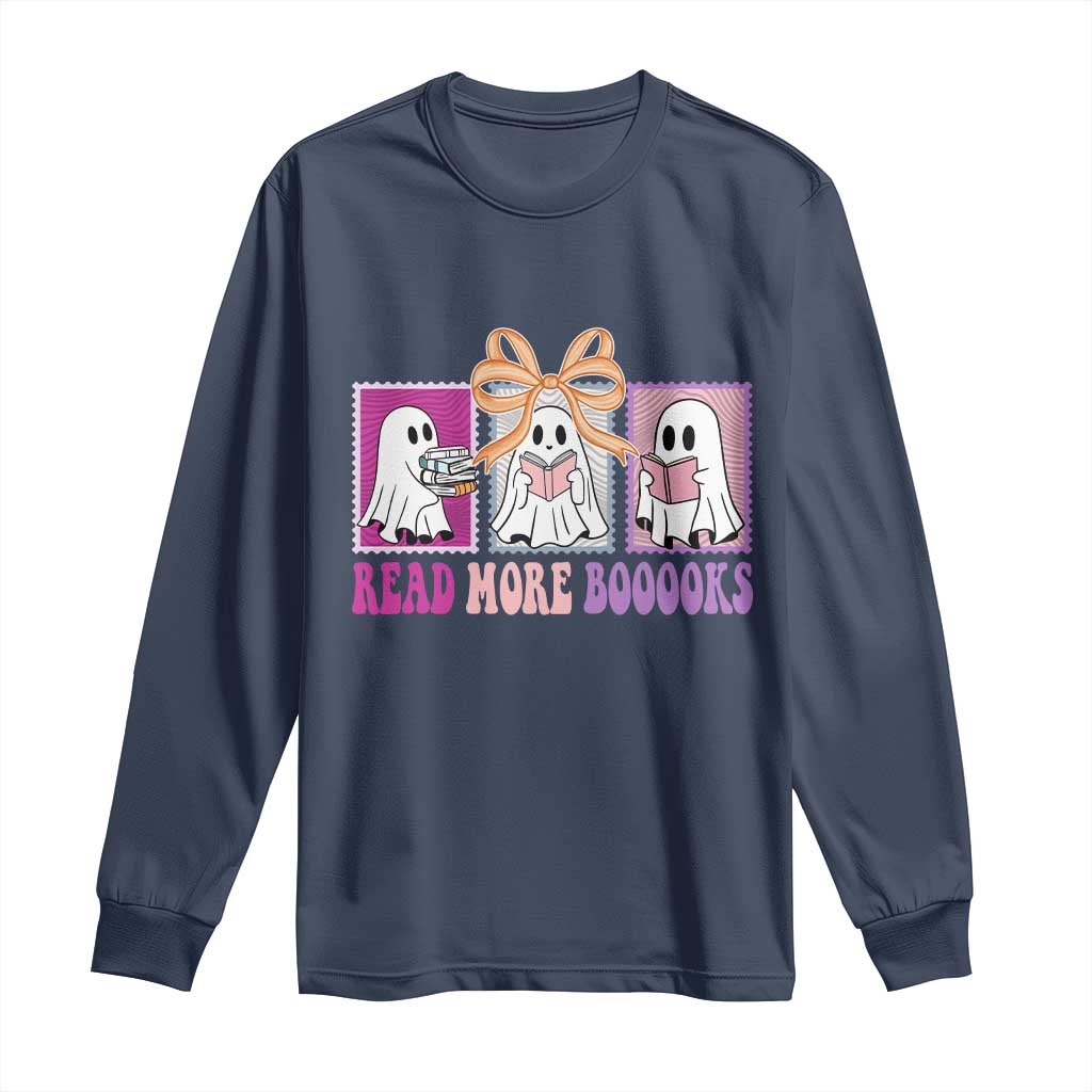 Halloween Teacher Long Sleeve Shirt Read More Boooooks Cute Ghost Reading Books - Wonder Print Shop