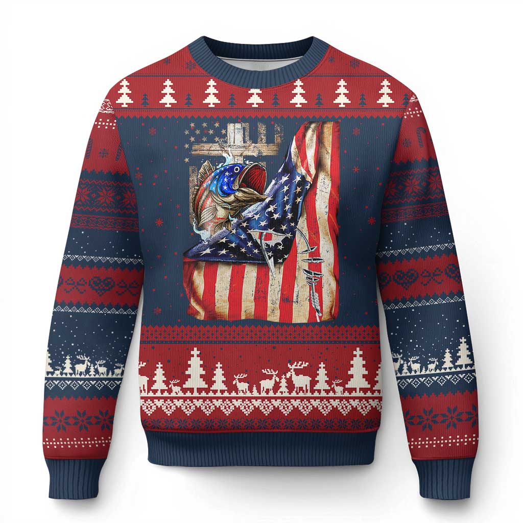 Fisherman Christian Fishing Vintage American Flag Ugly Christmas Sweater - Wonder Print Shop