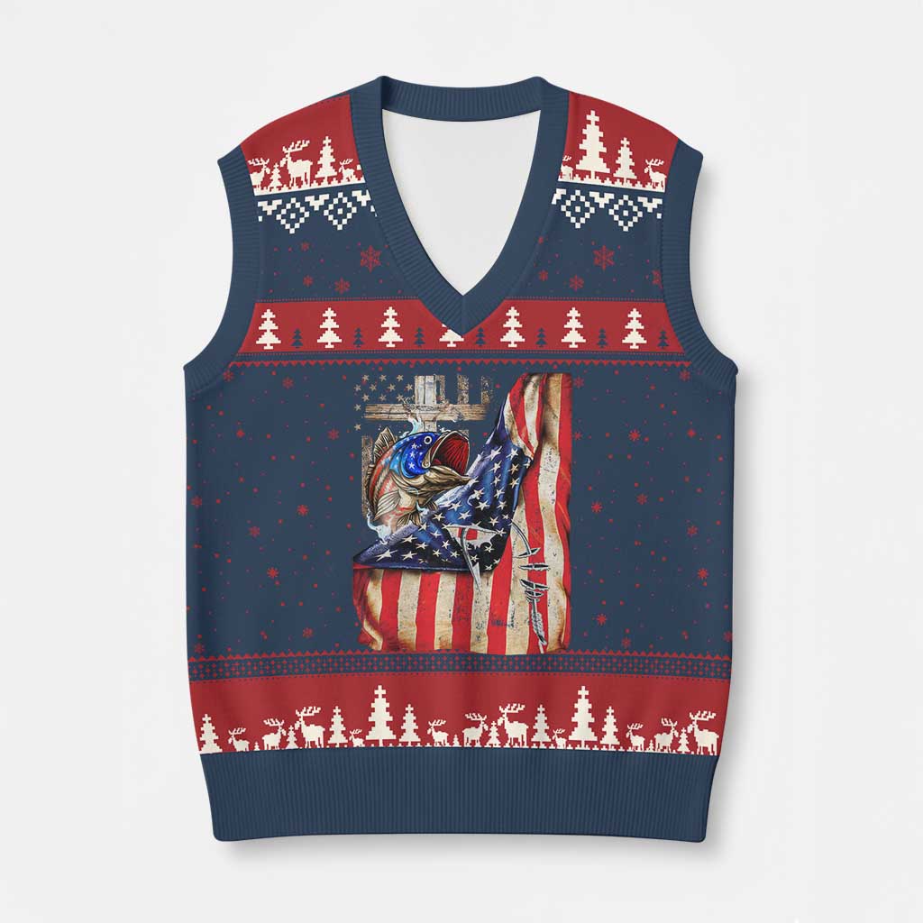 Fisherman Christian Fishing Vintage American Flag V-Neck Knit Sweater Vest - Wonder Print Shop