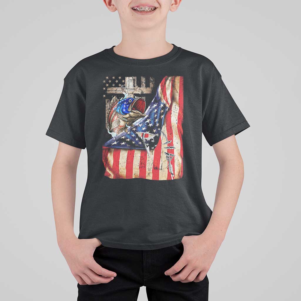 Fisherman Christian Fishing Vintage American Flag T Shirt For Kid - Wonder Print Shop