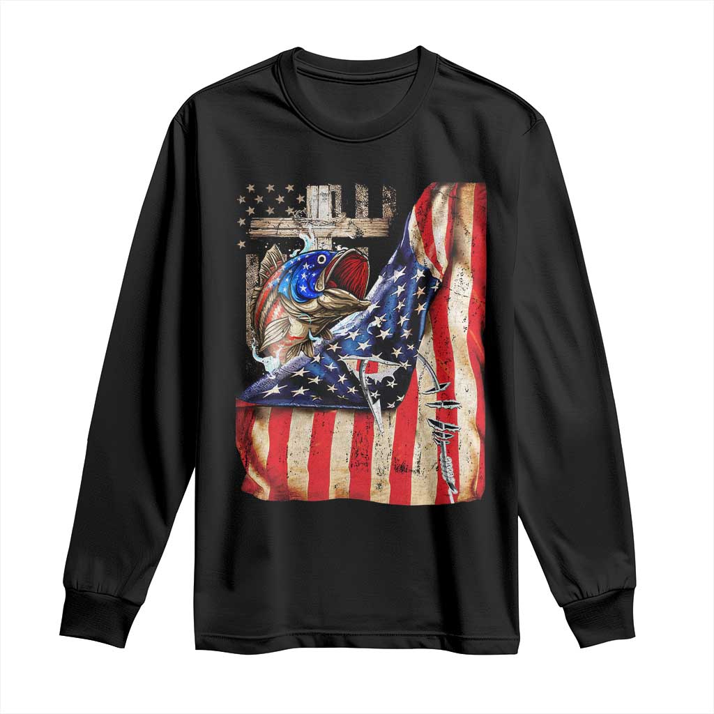 Fisherman Christian Fishing Vintage American Flag Long Sleeve Shirt - Wonder Print Shop