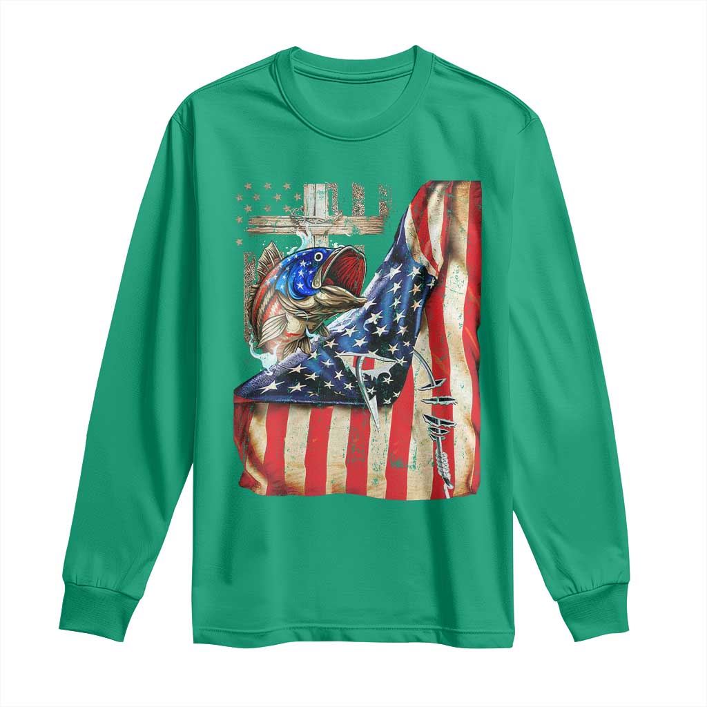 Fisherman Christian Fishing Vintage American Flag Long Sleeve Shirt - Wonder Print Shop