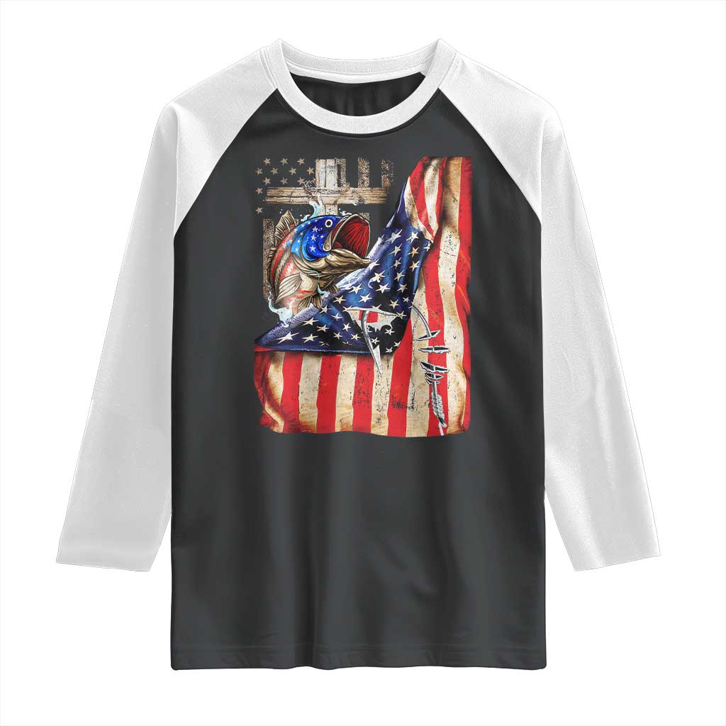 Fisherman Christian Fishing Vintage American Flag Raglan Shirt - Wonder Print Shop