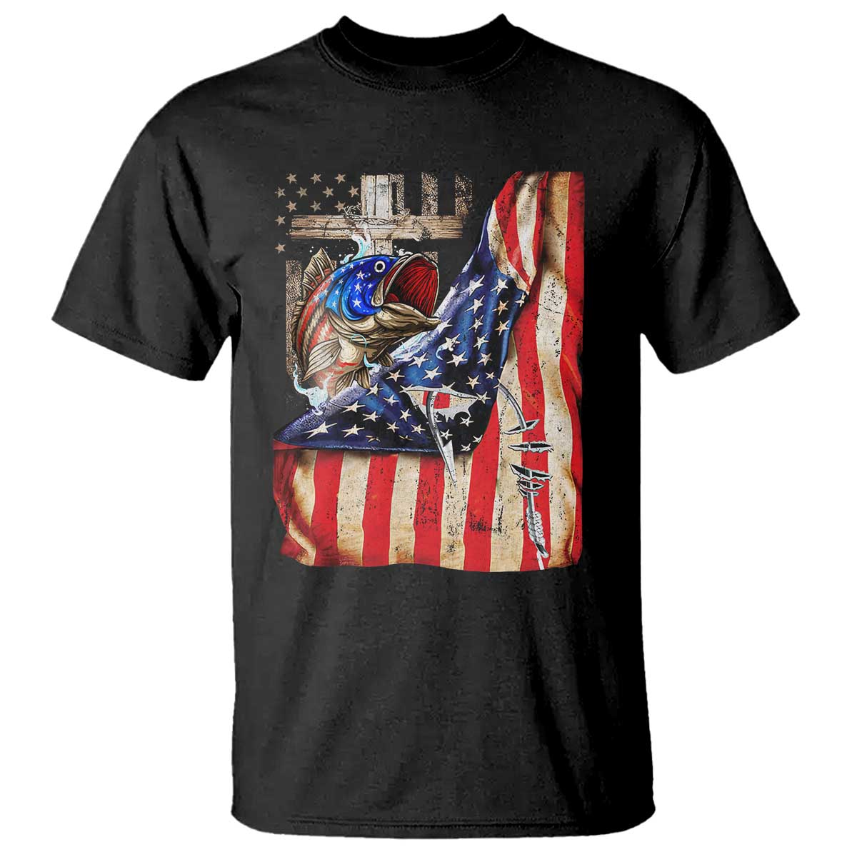 Fisherman Christian Fishing Vintage American Flag T Shirt - Wonder Print Shop