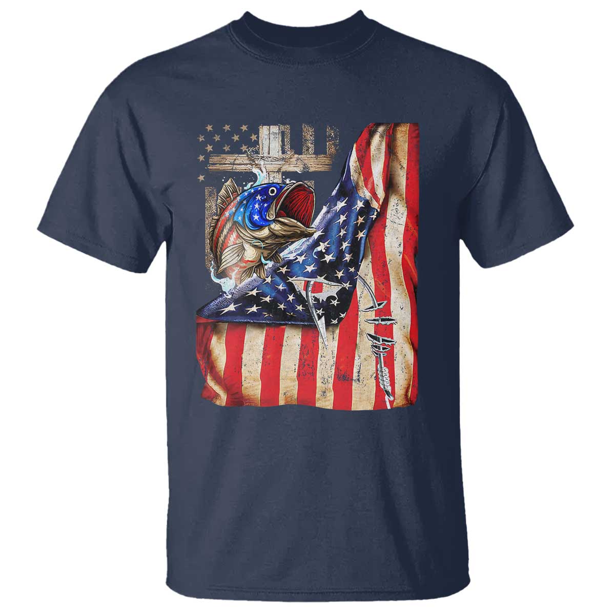 Fisherman Christian Fishing Vintage American Flag T Shirt - Wonder Print Shop