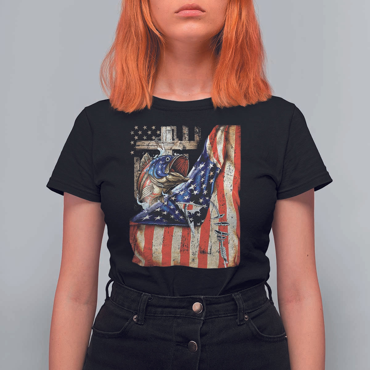 Fisherman Christian Fishing Vintage American Flag T Shirt For Women - Wonder Print Shop