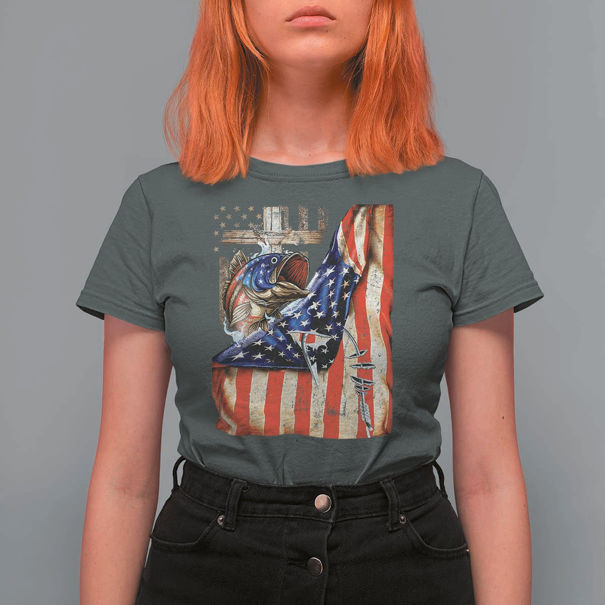 Fisherman Christian Fishing Vintage American Flag T Shirt For Women - Wonder Print Shop