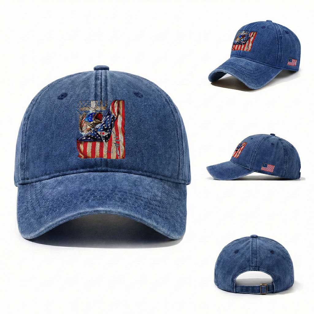 Fisherman Christian Fishing Vintage American Flag Washed Cotton Baseball Cap