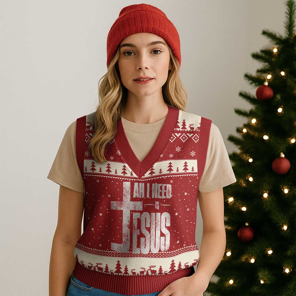 All I Need Is Jesus V-Neck Knit Sweater Vest Christian Believer Faith God Religious - Wonder Print Shop