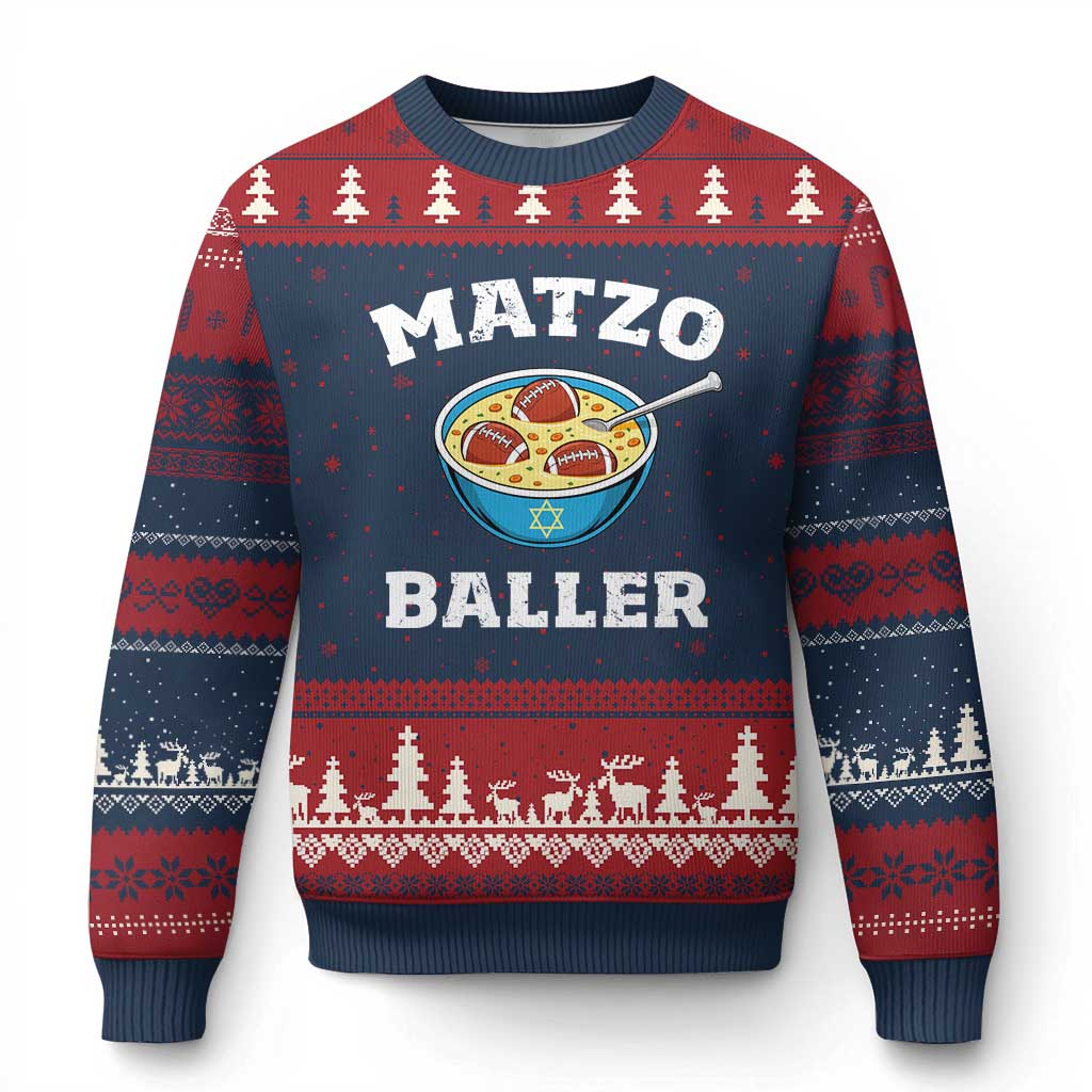 Funny Hanukkah Football Ugly Christmas Sweater Matzo Baller Matzah Ball Jewish Chanukah Sports Lover - Wonder Print Shop