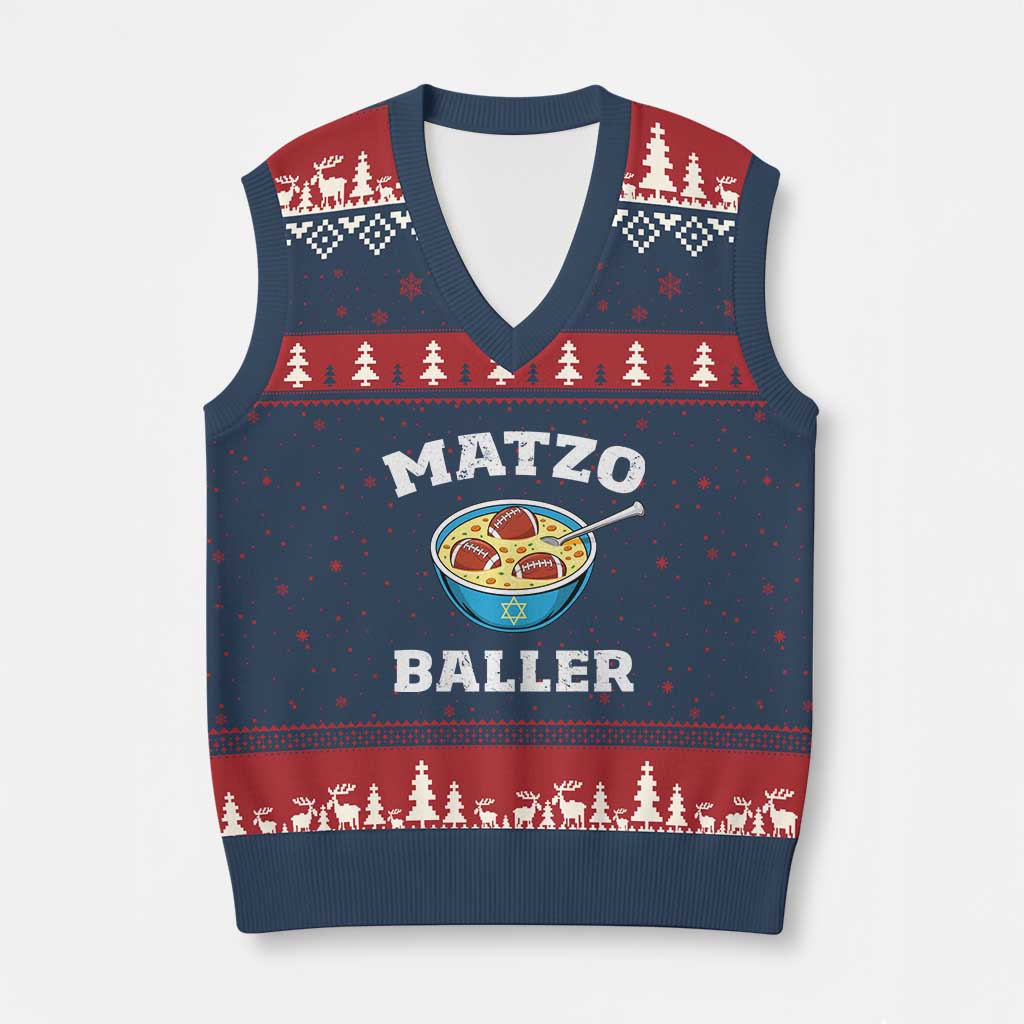 Funny Hanukkah Football V-Neck Knit Sweater Vest Matzo Baller Matzah Ball Jewish Chanukah Sports Lover - Wonder Print Shop