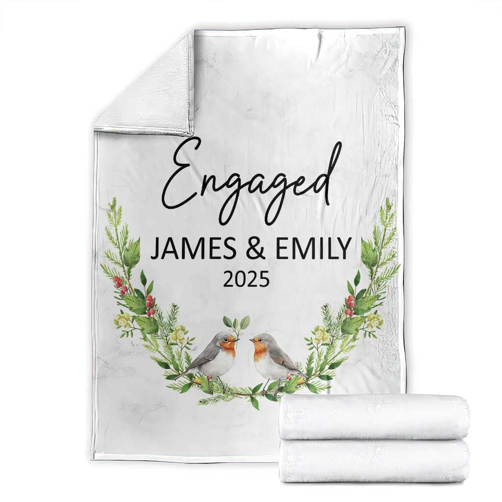Personalized Engaged Throw Blanket Custom Name Mr & Mrs Engagement Bird Mistletoe - Wonder Print Shop