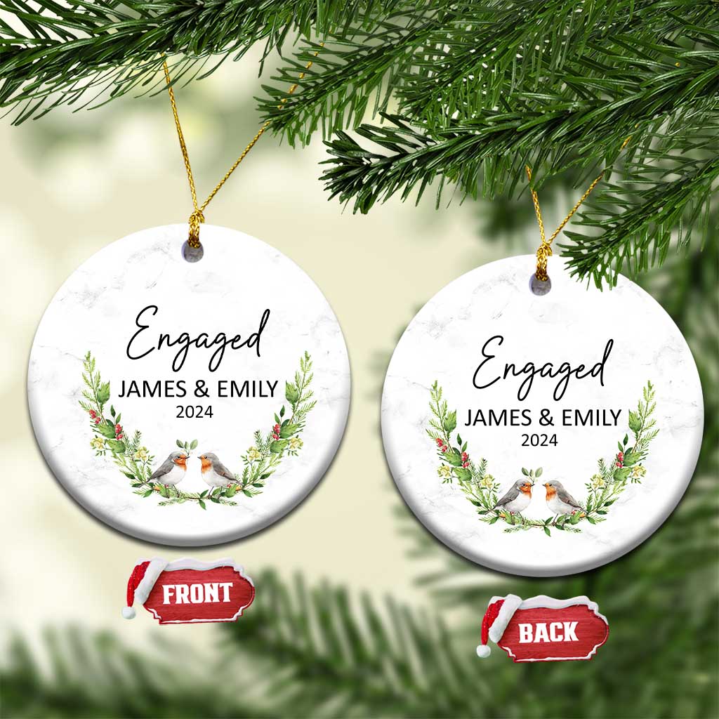 Personalized Engaged 2024 Christmas Ornament Custom Name Mr & Mrs Engagement Bird Mistletoe - Wonder Print Shop