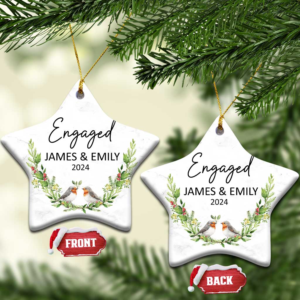 Personalized Engaged 2024 Christmas Ornament Custom Name Mr & Mrs Engagement Bird Mistletoe - Wonder Print Shop