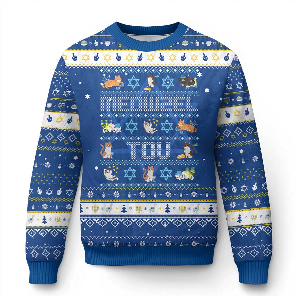 Funny Chanukah Cats Hanukkah Ugly Sweater Meowzel Tov Chanukah Menorah David Stars - Wonder Print Shop