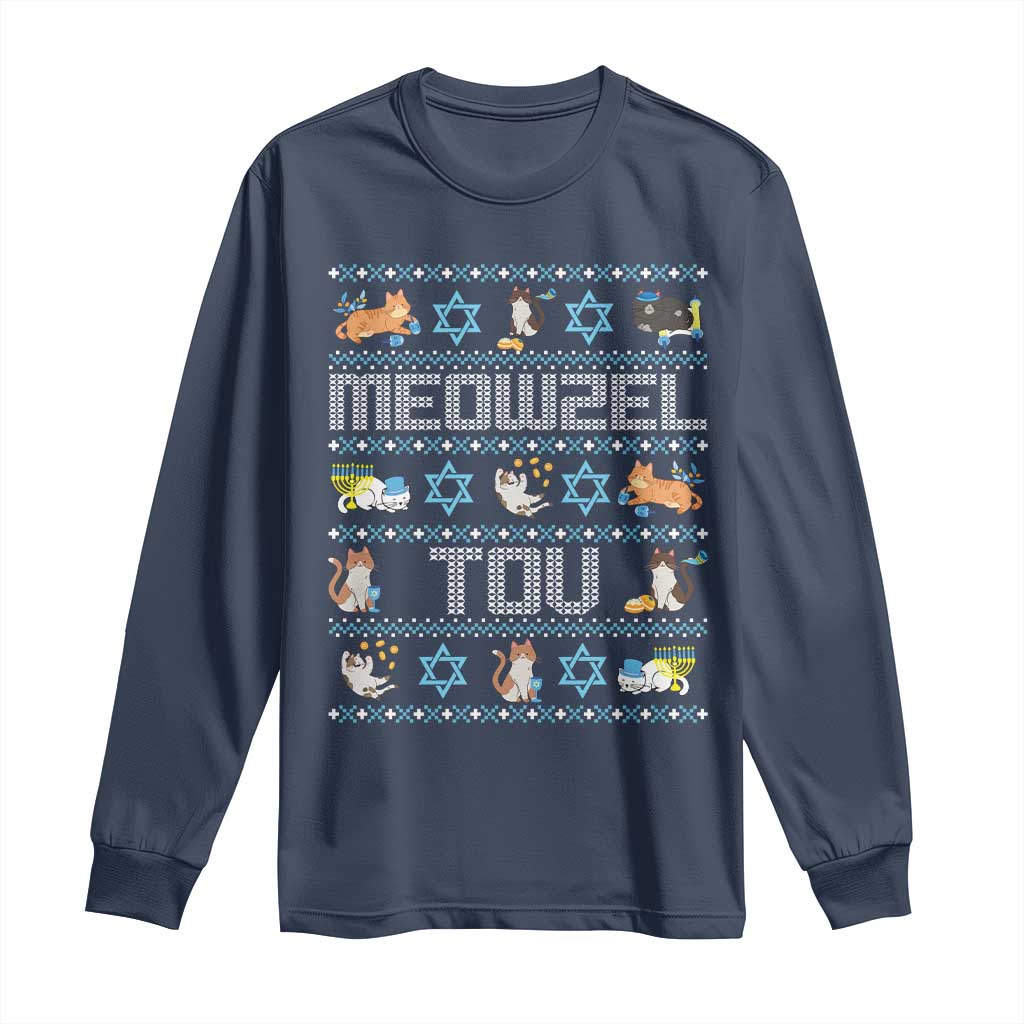 Funny Hanukkah Cats Long Sleeve Shirt Meowzel Tov Chanukah Menorah David Stars