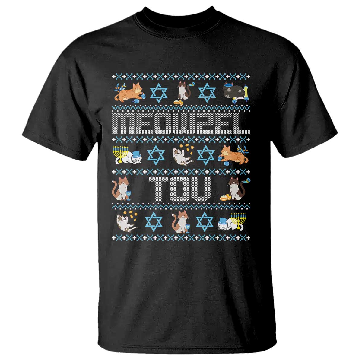 Funny Hanukkah Cats T Shirt Meowzel Tov Chanukah Menorah David Stars - Wonder Print Shop