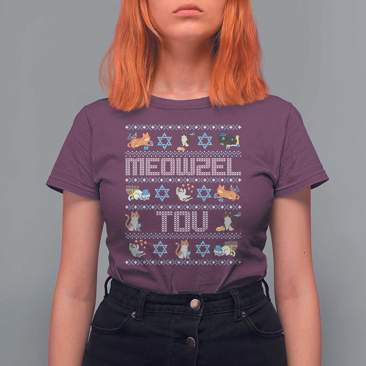 Funny Hanukkah Cats T Shirt For Women Meowzel Tov Chanukah Menorah David Stars - Wonder Print Shop
