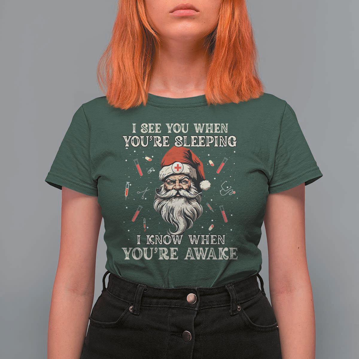 Funny Christmas Santa Doctor Medical T Shirt For Women I See You When You're Sleeping I Know When You're Awake - Wonder Print Shop