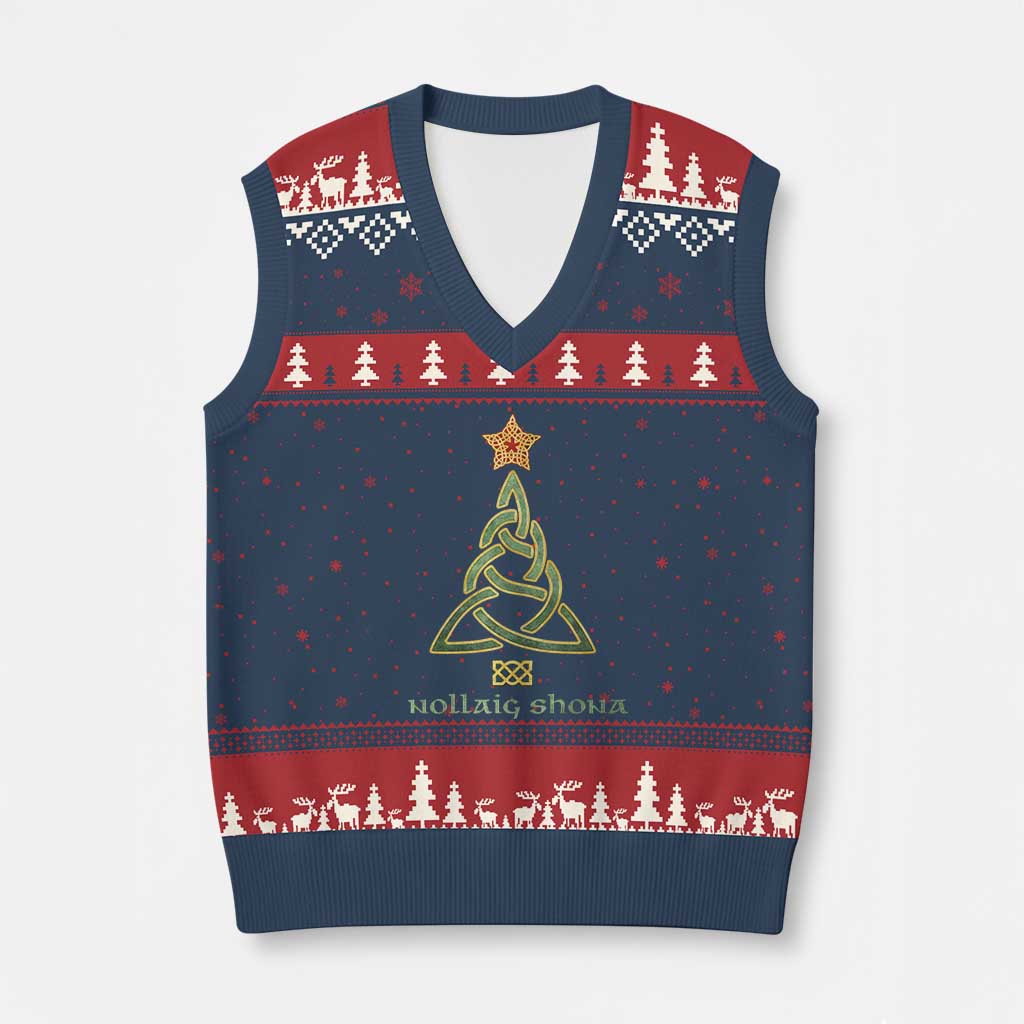 Irish Gaelic Xmas Nollaig Shona V-Neck Knit Sweater Vest Celtic Knot Xmas Tree - Wonder Print Shop