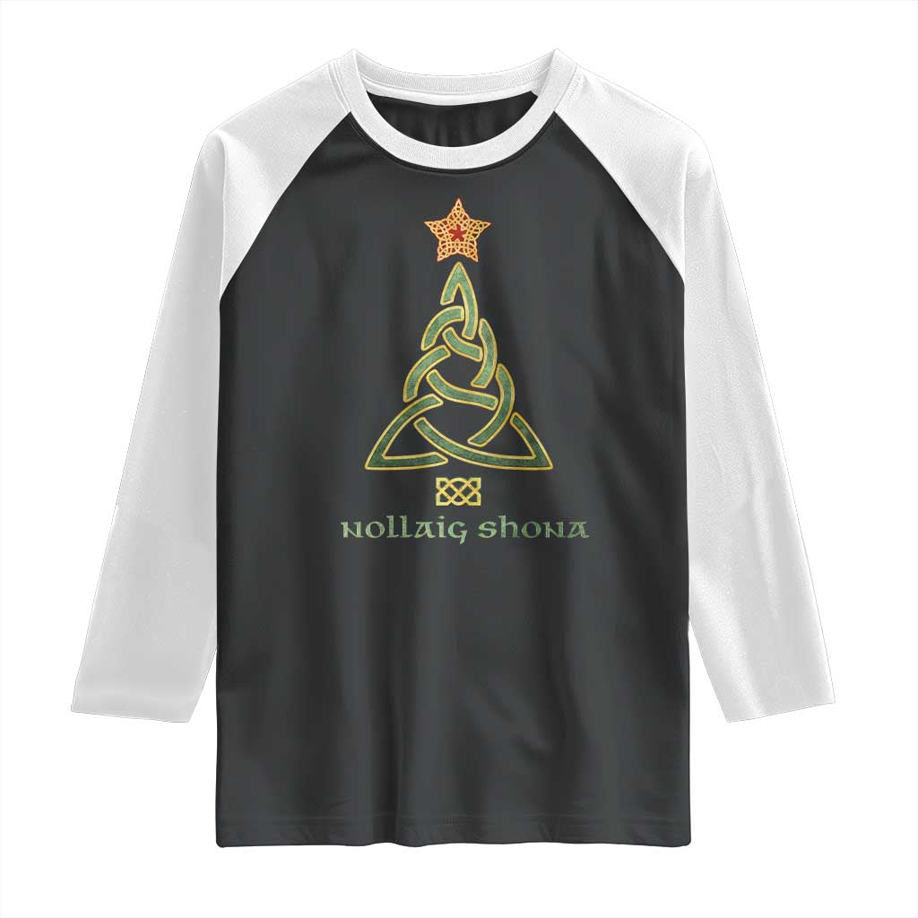Irish Gaelic Christmas Nollaig Shona Raglan Shirt Celtic Knot Christmas Tree - Wonder Print Shop