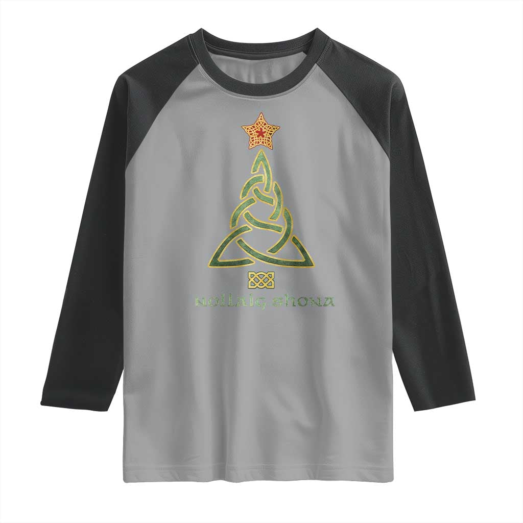 Irish Gaelic Christmas Nollaig Shona Raglan Shirt Celtic Knot Christmas Tree - Wonder Print Shop
