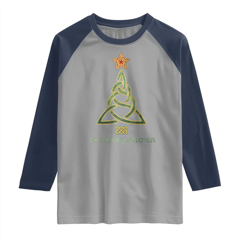 Irish Gaelic Christmas Nollaig Shona Raglan Shirt Celtic Knot Christmas Tree - Wonder Print Shop