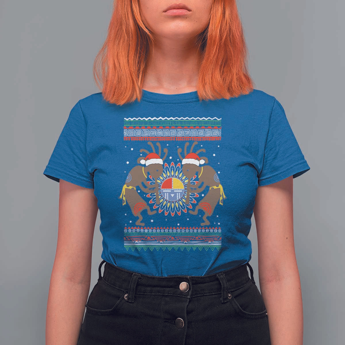 Funny Christmas Native American T Shirt For Women Santa Kokopeli Medicine Wheel - Wonder Print Shop