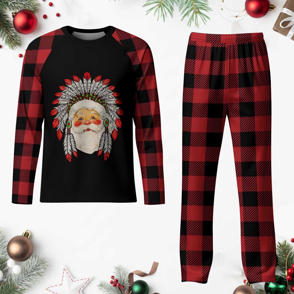 Funny Xmas Native American Indian Santa War Bonnet Plaid Pajama Set - Wonder Print Shop
