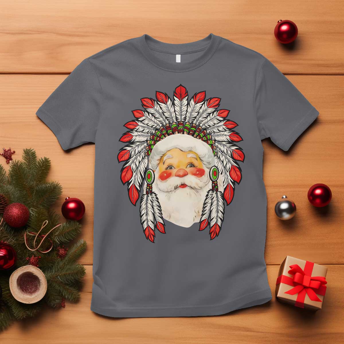 Funny Christmas Native American Indian Santa War Bonnet T Shirt - Wonder Print Shop