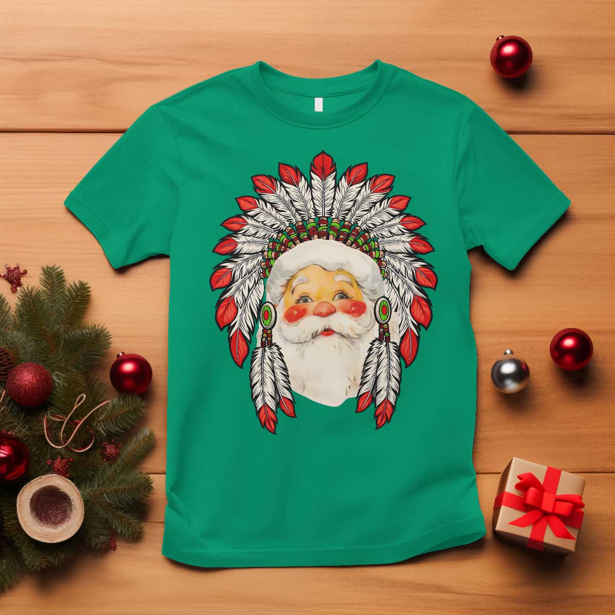 Funny Christmas Native American Indian Santa War Bonnet T Shirt - Wonder Print Shop