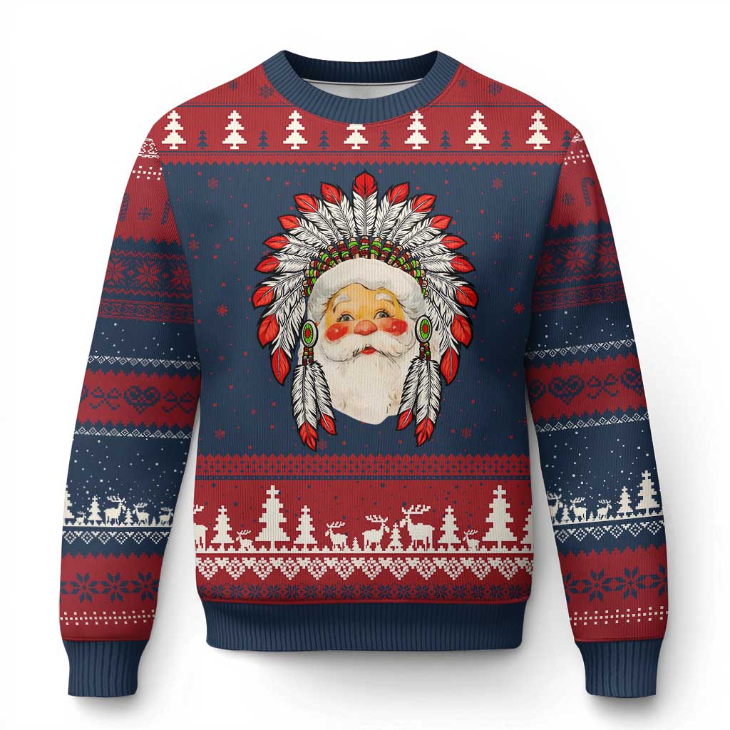 Funny Xmas Native American Indian Santa War Bonnet Ugly Christmas Sweater - Wonder Print Shop
