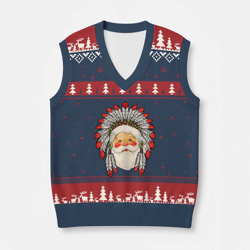 Funny Xmas Native American Indian Santa War Bonnet V-Neck Knit Sweater Vest - Wonder Print Shop