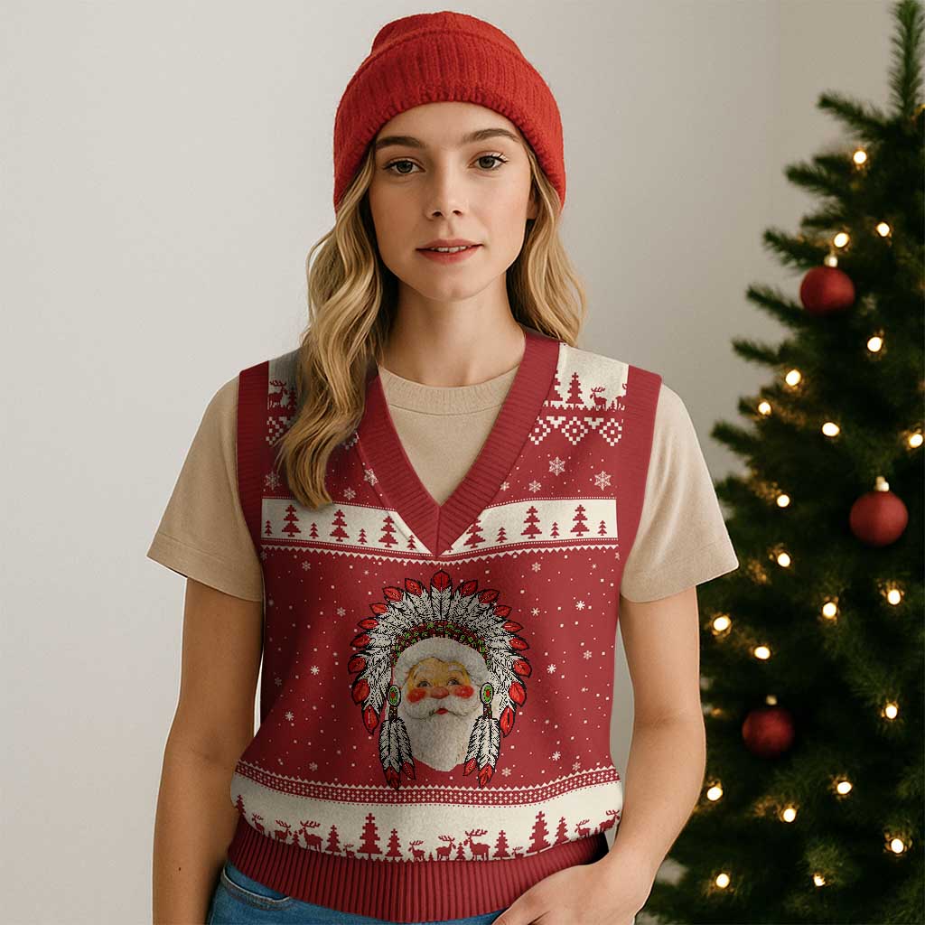 Funny Xmas Native American Indian Santa War Bonnet V-Neck Knit Sweater Vest - Wonder Print Shop
