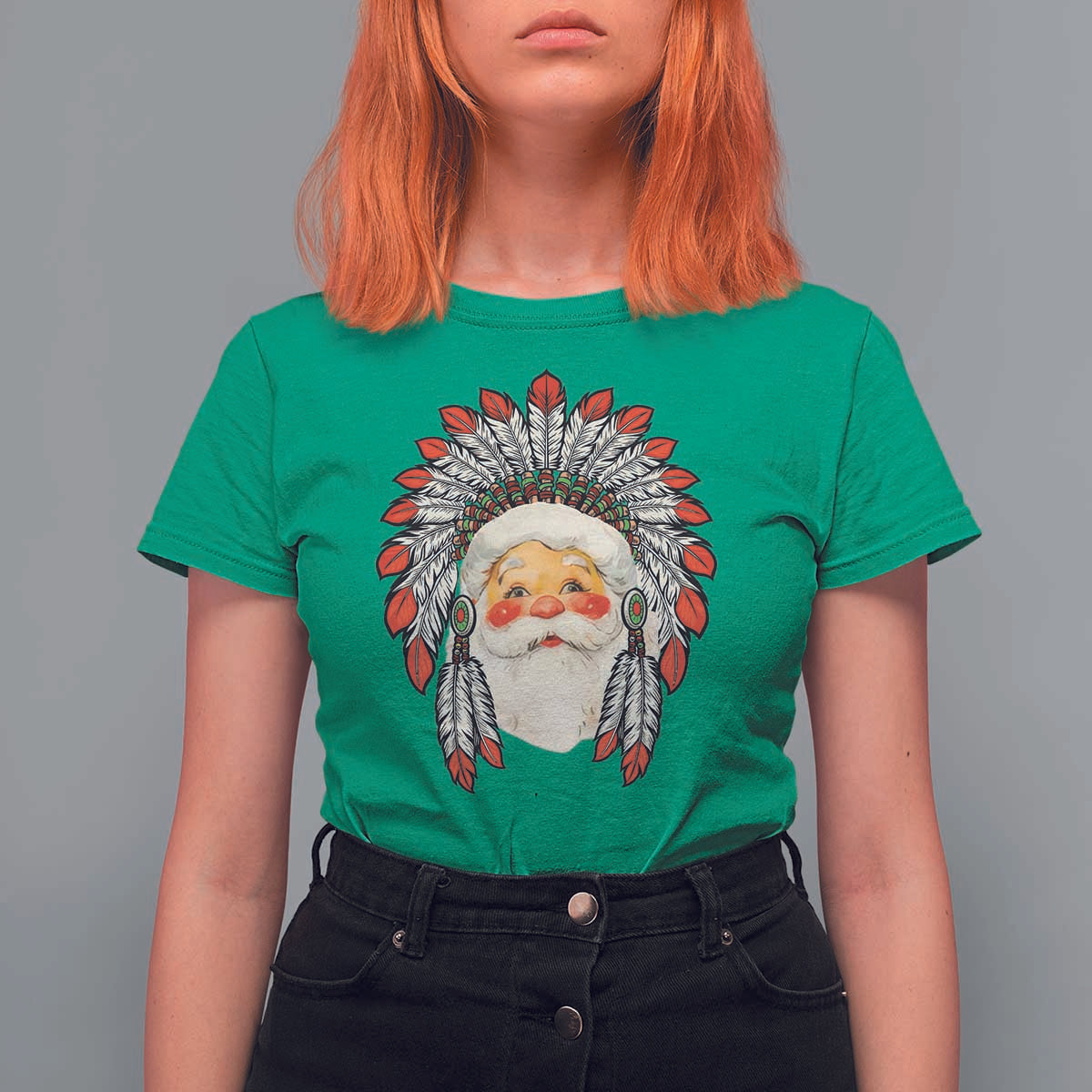 Funny Christmas Native American Indian Santa War Bonnet T Shirt For Women - Wonder Print Shop