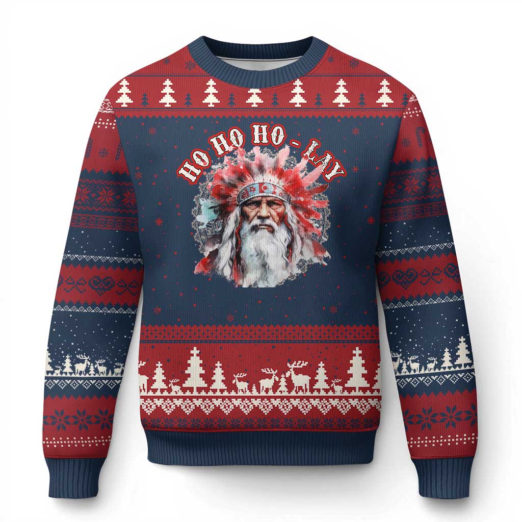 Funny Xmas Native American Ugly Christmas Sweater Ho Ho Lay War Bonnet Santa Indian Tribes - Wonder Print Shop