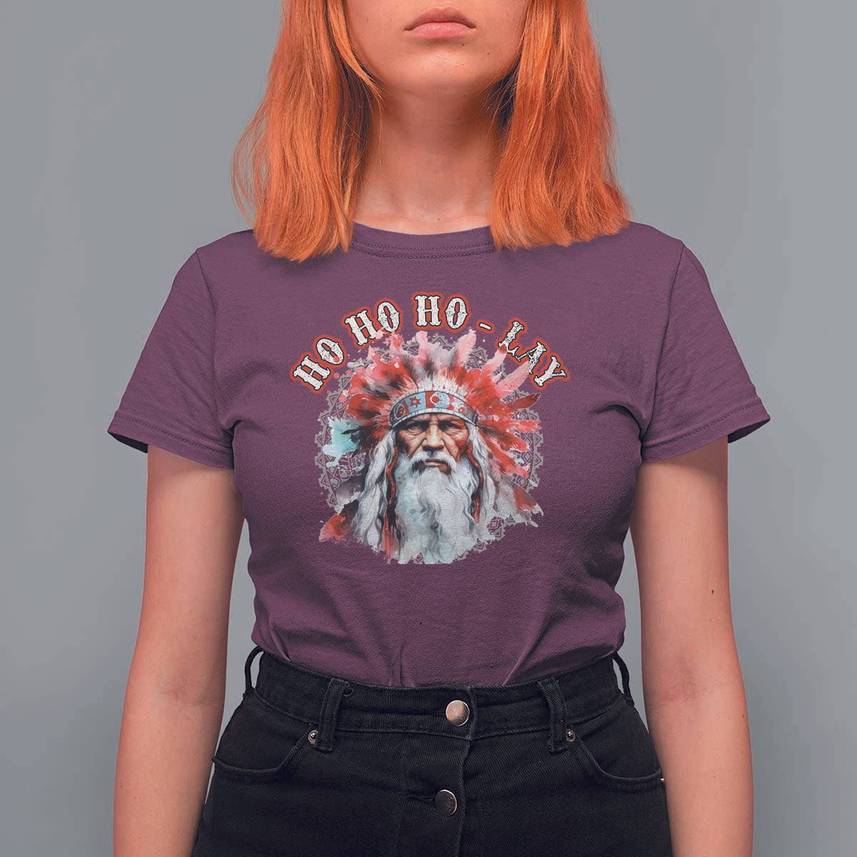 Funny Christmas Native American T Shirt For Women Ho Ho Lay War Bonnet Santa Indian Tribes - Wonder Print Shop